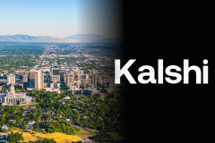 Kalshi logo over aerial view of Salt Lake City, Utah, as prediction market operator appeals sports gambling ruling