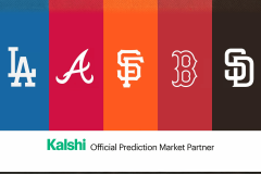 Kalshi official prediction market partner graphic featuring Los Angeles Dodgers, Atlanta Braves, San Francisco Giants, Boston Red Sox and San Diego Padres logos. Kalshi signs prediction market deals with MLB