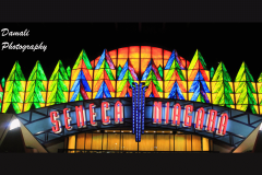 Seneca Niagara Resort & Casino entrance illuminated at night in Niagara Falls, New York.