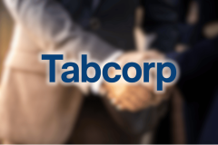 Tabcorp logo displayed over a blurred horse racing background following the company's A$267 million acquisition of BetMakers Technology Group.