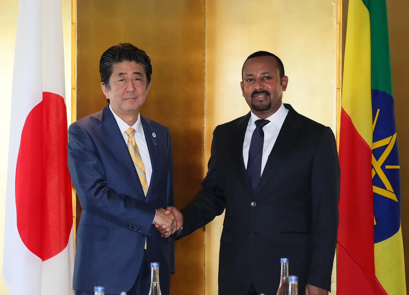 Ethiopian Prime Minister Abiy Ahmed shakes hands with Japanese Prime Minister Shinzō Abe.