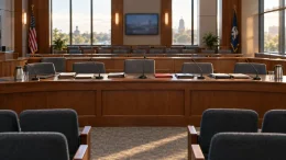 Empty Louisiana gaming regulator hearing room prepared for a DraftKings license review