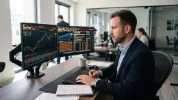 A man in a suit working at a desk with two monitors displaying financial trading charts and data.