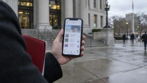 Anonymous hand holding a blurred event-market phone outside a New Jersey courthouse