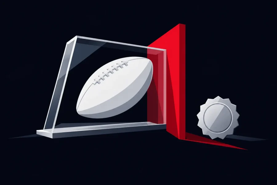 White football blocked by a red regulatory barrier, symbolizing Nevada licensing scrutiny of sports contracts