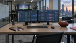 Unbranded prediction-market trading workstation with blurred screens and a football in an office