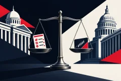 Editorial illustration of a legal scale balancing sports betting and federal event contract regulation