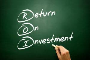 Hand drawn Return On Investment (ROI) concept, business strategy on blackboard